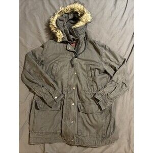 Gap Womens Gray Faux Fur Hooded Sz Large Waist Utility Parka Sherpa Lined Jacket
